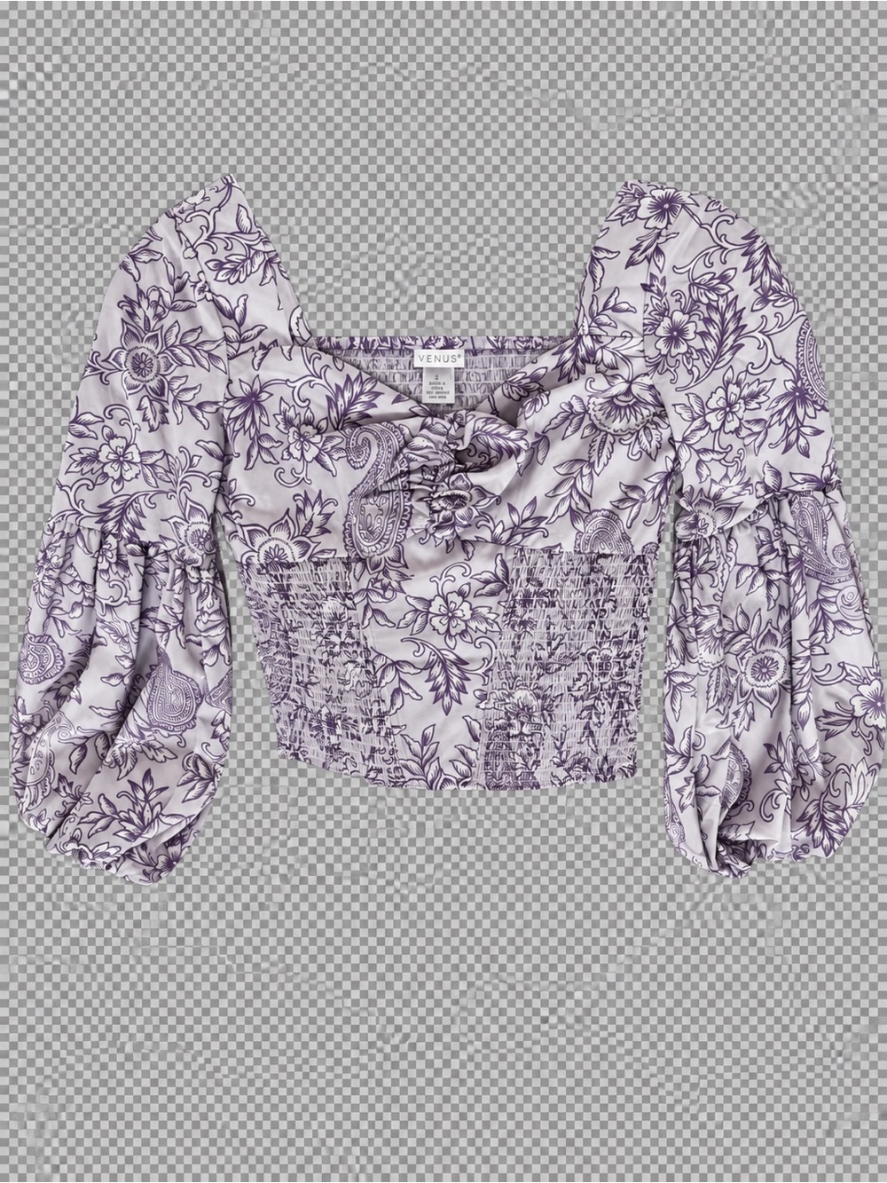 VENUS Lavender Floral Smocked Puff-Sleeve Crop Top